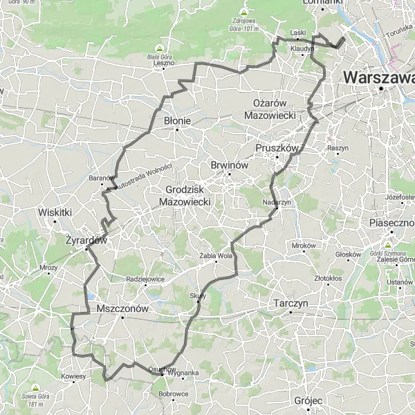 Map miniature of "Legendary Road Cycling: Nadarzyn to Wąsy Wieś" cycling inspiration in Warszawski stołeczny, Poland. Generated by Tarmacs.app cycling route planner