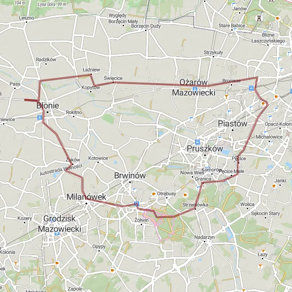 Miniatura mapy "Trasa gravelowa przez Podkowę Leśną i Milanówek" - trasy rowerowej w Warszawski stołeczny, Poland. Wygenerowane przez planer tras rowerowych Tarmacs.app