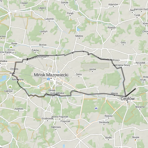 Map miniature of "The Road Adventure to Mienia" cycling inspiration in Warszawski stołeczny, Poland. Generated by Tarmacs.app cycling route planner
