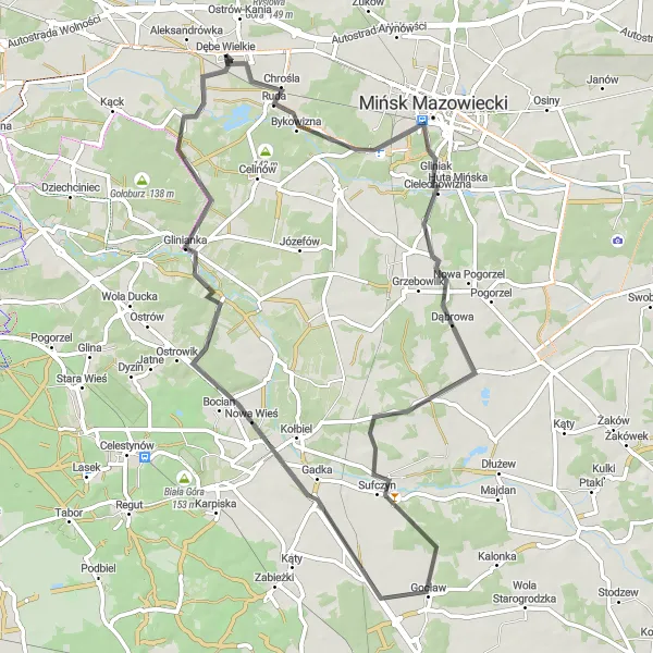 Map miniature of "Mińsk Mazowiecki Discovery" cycling inspiration in Warszawski stołeczny, Poland. Generated by Tarmacs.app cycling route planner