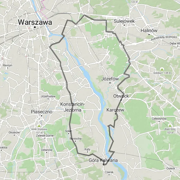 Map miniature of "The Majestic Masovian Route" cycling inspiration in Warszawski stołeczny, Poland. Generated by Tarmacs.app cycling route planner