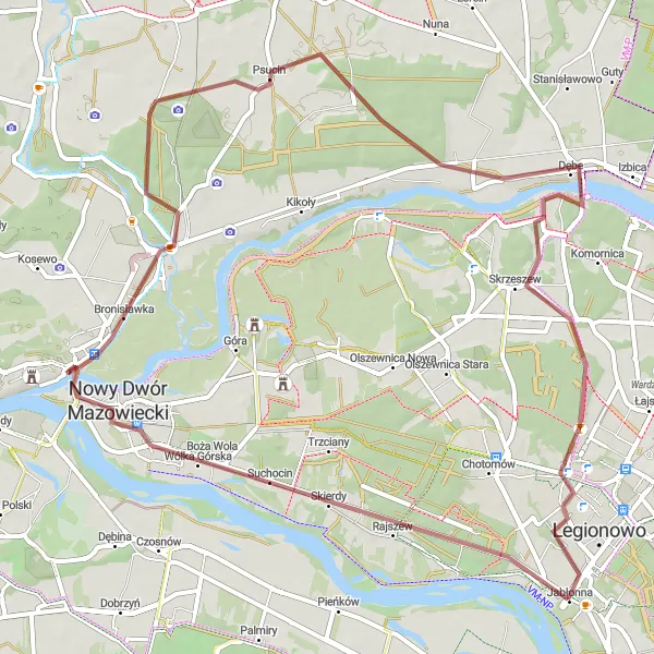 Map miniature of "Gravel Escape: Jabłonna to Skrzeszew" cycling inspiration in Warszawski stołeczny, Poland. Generated by Tarmacs.app cycling route planner