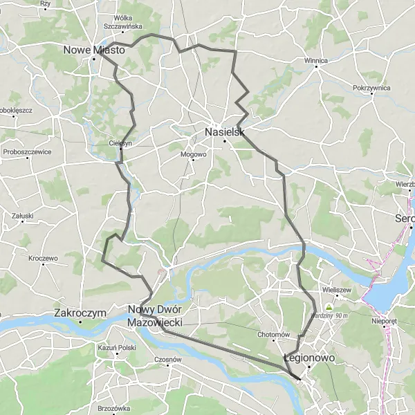 Map miniature of "Jabłonna to Nowy Dwór Mazowiecki loop" cycling inspiration in Warszawski stołeczny, Poland. Generated by Tarmacs.app cycling route planner