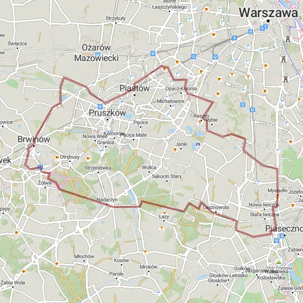 Miniatura mapy "Trasa gravelowa przez Lesznowolę i Pruszków" - trasy rowerowej w Warszawski stołeczny, Poland. Wygenerowane przez planer tras rowerowych Tarmacs.app