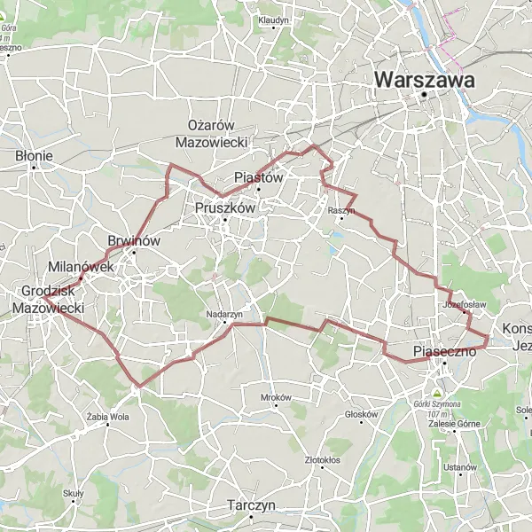 Map miniature of "Lesznowola Loop: A Gravel Adventure near Józefosław" cycling inspiration in Warszawski stołeczny, Poland. Generated by Tarmacs.app cycling route planner