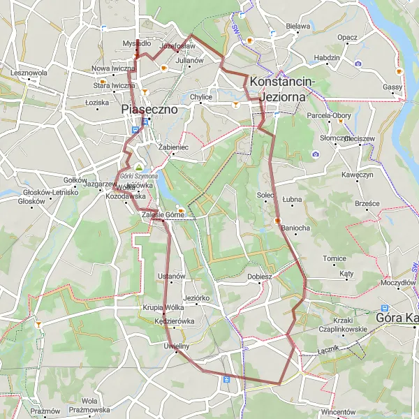 Map miniature of "Tranquil Gravel Paradise" cycling inspiration in Warszawski stołeczny, Poland. Generated by Tarmacs.app cycling route planner
