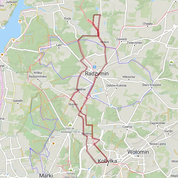 Map miniature of "Kobyłka to Zalasek Gravel Adventure" cycling inspiration in Warszawski stołeczny, Poland. Generated by Tarmacs.app cycling route planner