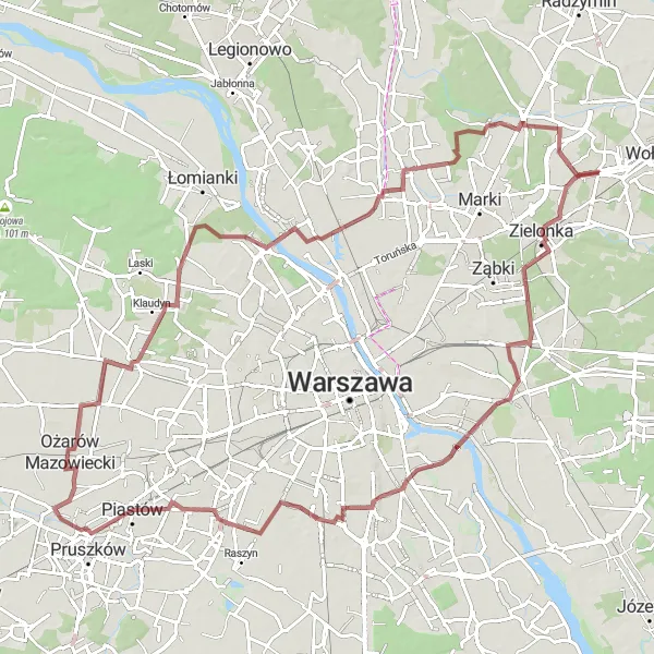 Map miniature of "Expansive Route" cycling inspiration in Warszawski stołeczny, Poland. Generated by Tarmacs.app cycling route planner