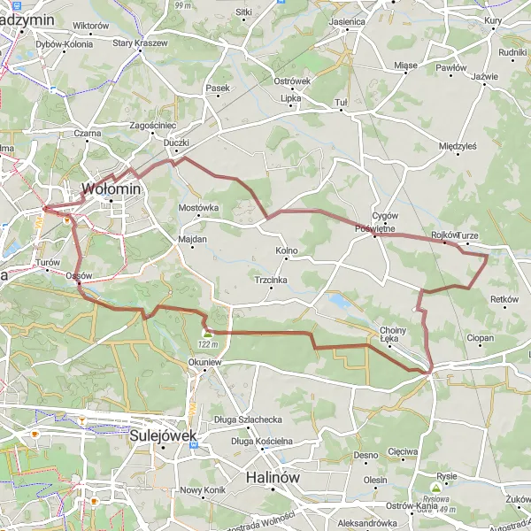 Map miniature of "The Grabie Escape" cycling inspiration in Warszawski stołeczny, Poland. Generated by Tarmacs.app cycling route planner