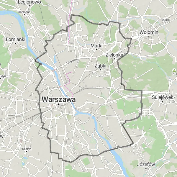 Map miniature of "Road Cycling in the Mazovian Countryside" cycling inspiration in Warszawski stołeczny, Poland. Generated by Tarmacs.app cycling route planner