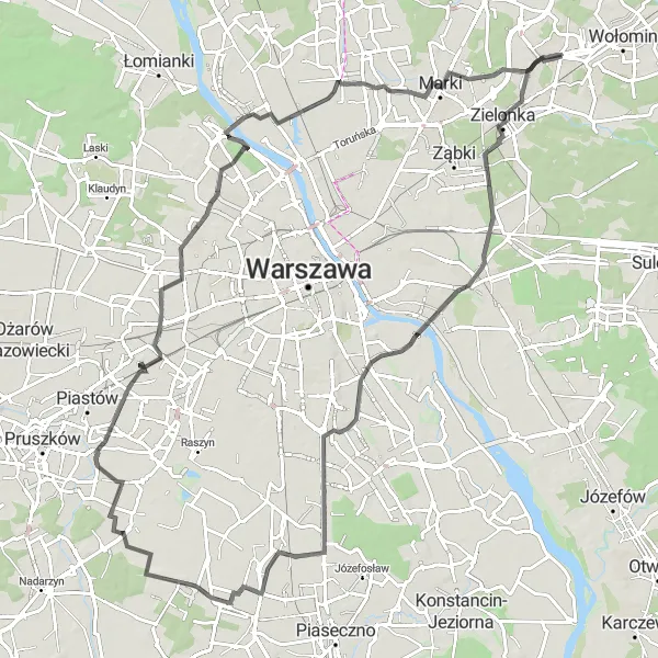 Map miniature of "Kobyłka to Ursus Loop" cycling inspiration in Warszawski stołeczny, Poland. Generated by Tarmacs.app cycling route planner
