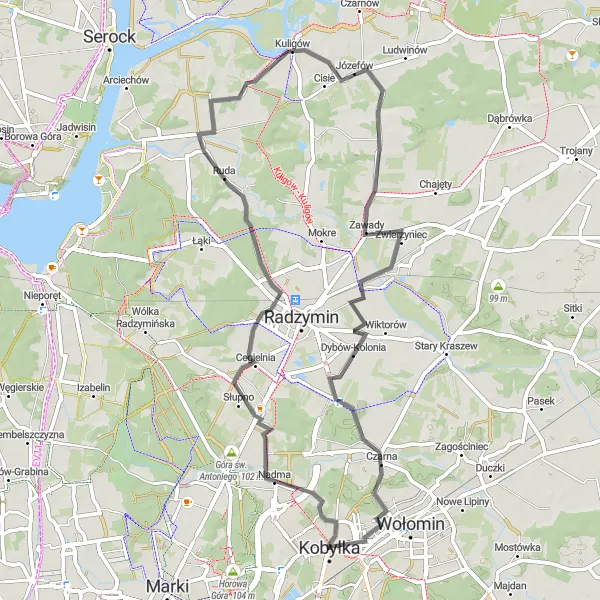 Map miniature of "Kobyłka to Czarna Loop" cycling inspiration in Warszawski stołeczny, Poland. Generated by Tarmacs.app cycling route planner