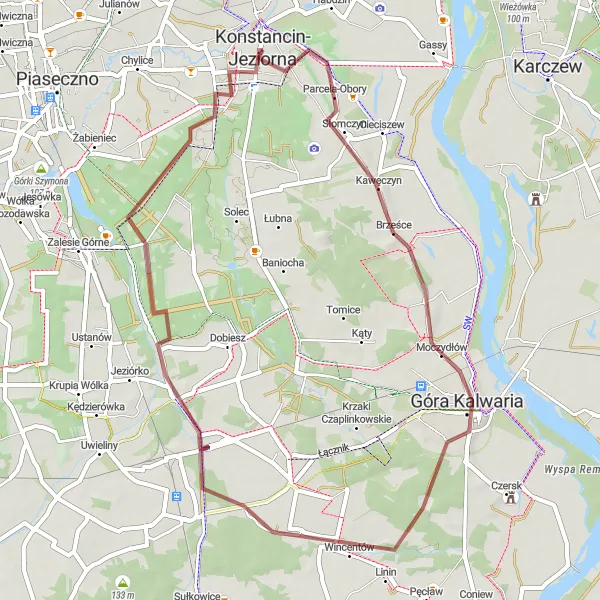 Map miniature of "Góra Kalwaria Trail" cycling inspiration in Warszawski stołeczny, Poland. Generated by Tarmacs.app cycling route planner