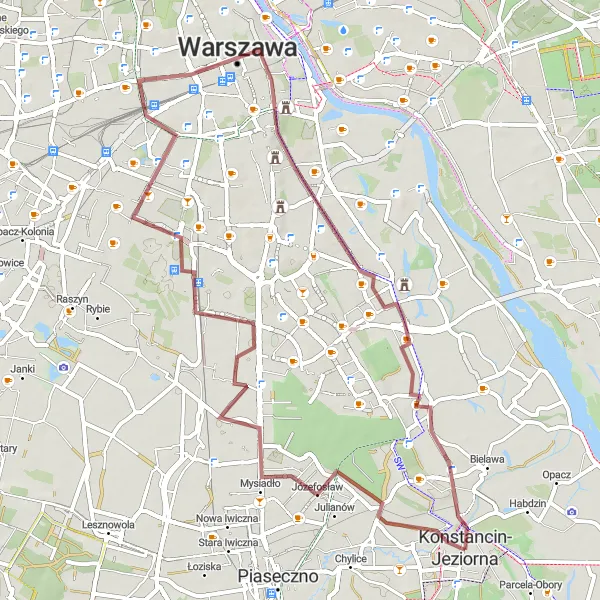 Map miniature of "Gravel Exploration" cycling inspiration in Warszawski stołeczny, Poland. Generated by Tarmacs.app cycling route planner