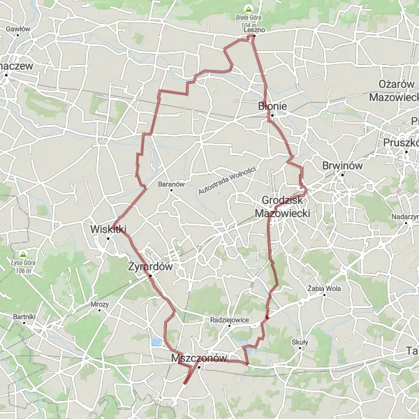 Map miniature of "Panoramic Gravel Escape" cycling inspiration in Warszawski stołeczny, Poland. Generated by Tarmacs.app cycling route planner