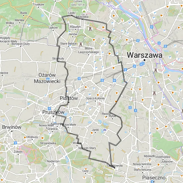 Miniatura mapy "Przez Lesznowolę i Fort VI Twierdzy Warszawa" - trasy rowerowej w Warszawski stołeczny, Poland. Wygenerowane przez planer tras rowerowych Tarmacs.app