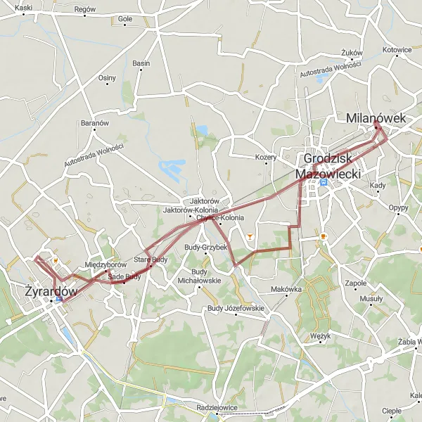 Map miniature of "Gravel Exploration in the Surrounding Area of Milanówek" cycling inspiration in Warszawski stołeczny, Poland. Generated by Tarmacs.app cycling route planner