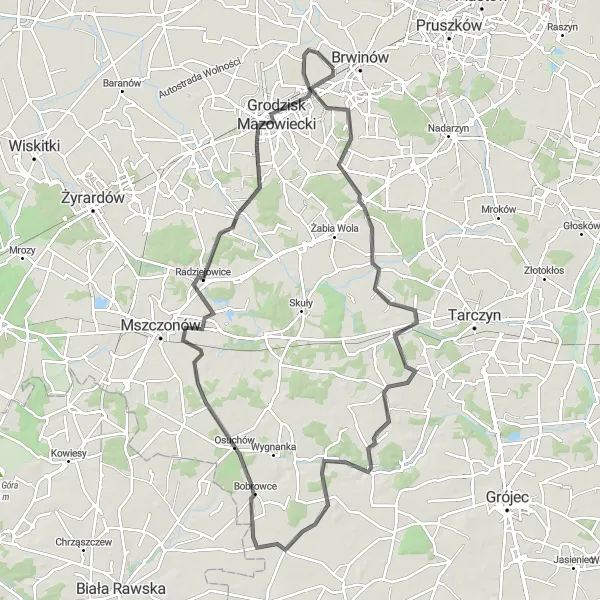 Map miniature of "Road Challenge - Książenice to Kotowice" cycling inspiration in Warszawski stołeczny, Poland. Generated by Tarmacs.app cycling route planner