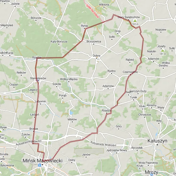 Map miniature of "Through Serene Landscapes" cycling inspiration in Warszawski stołeczny, Poland. Generated by Tarmacs.app cycling route planner