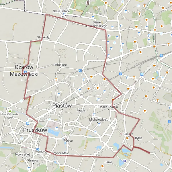 Map miniature of "Pruszków to Raszyn Gravel Ride" cycling inspiration in Warszawski stołeczny, Poland. Generated by Tarmacs.app cycling route planner