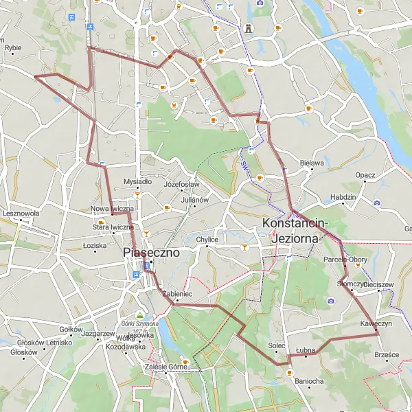 Map miniature of "Hidden Gems: Uncovering Warsaw's Gravel Trails" cycling inspiration in Warszawski stołeczny, Poland. Generated by Tarmacs.app cycling route planner