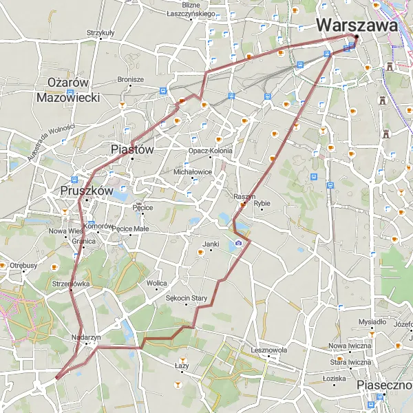 Map miniature of "From Urban to Rural: Exploring Warsaw's Diverse Landscapes" cycling inspiration in Warszawski stołeczny, Poland. Generated by Tarmacs.app cycling route planner