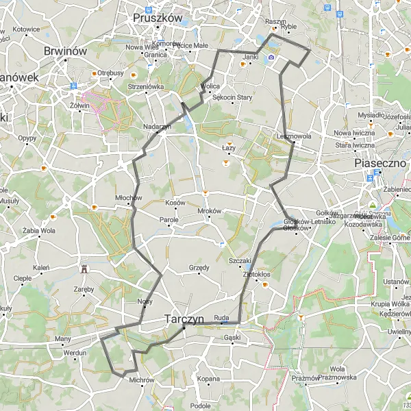 Map miniature of "Lesznowola and Nadarzyn Road Adventure" cycling inspiration in Warszawski stołeczny, Poland. Generated by Tarmacs.app cycling route planner