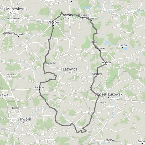 Map miniature of "The Wodynie Loop" cycling inspiration in Warszawski stołeczny, Poland. Generated by Tarmacs.app cycling route planner