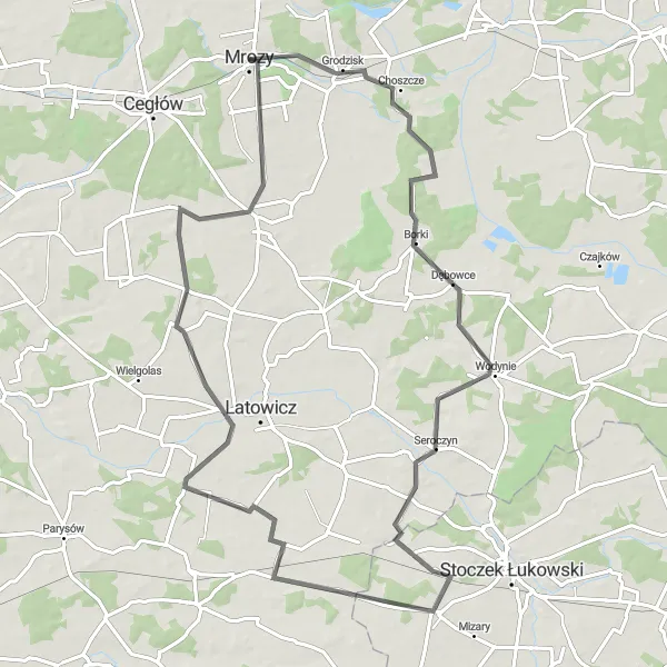 Map miniature of "The Astonishing Loop" cycling inspiration in Warszawski stołeczny, Poland. Generated by Tarmacs.app cycling route planner