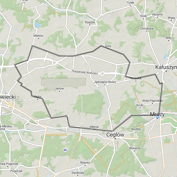 Map miniature of "Cycling through Cegłów and Beyond" cycling inspiration in Warszawski stołeczny, Poland. Generated by Tarmacs.app cycling route planner