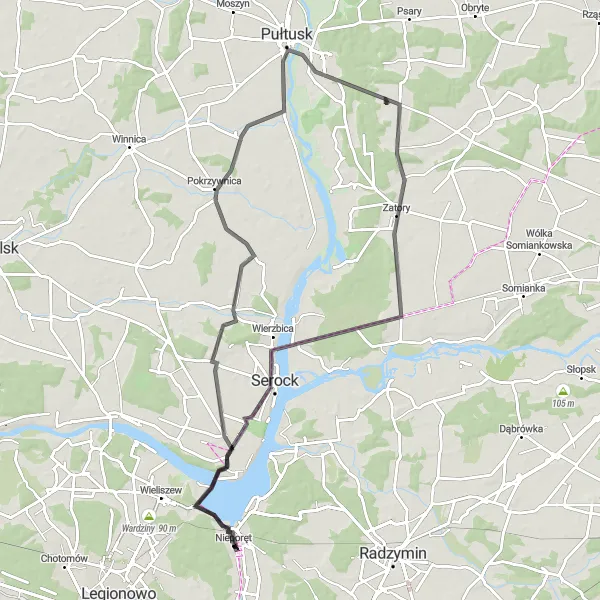 Map miniature of "The Mazovian Lakes Loop" cycling inspiration in Warszawski stołeczny, Poland. Generated by Tarmacs.app cycling route planner