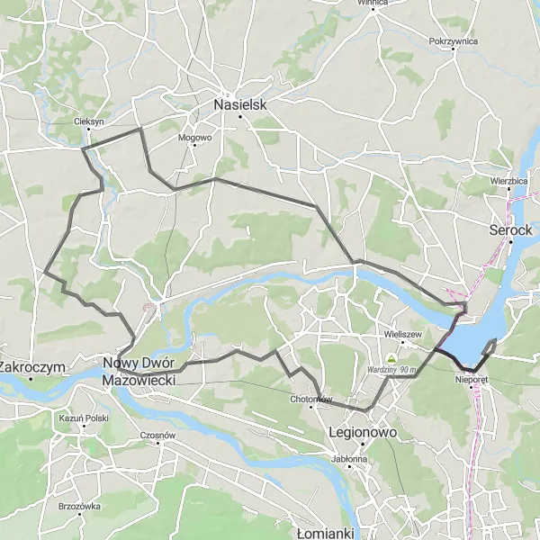 Map miniature of "Road Cycling Adventure to Nowy Dwór Mazowiecki" cycling inspiration in Warszawski stołeczny, Poland. Generated by Tarmacs.app cycling route planner