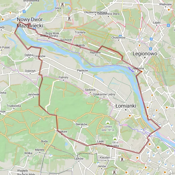 Map miniature of "Charming Mazovian Gravel Ride" cycling inspiration in Warszawski stołeczny, Poland. Generated by Tarmacs.app cycling route planner