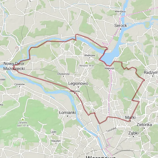 Map miniature of "Mazowiecki Gravel Adventure" cycling inspiration in Warszawski stołeczny, Poland. Generated by Tarmacs.app cycling route planner