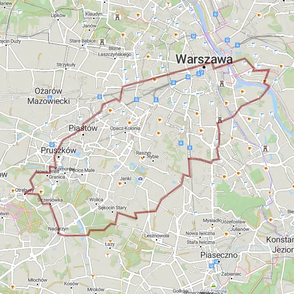 Miniatura mapy "Trasa gravelowa do Nadarzyna" - trasy rowerowej w Warszawski stołeczny, Poland. Wygenerowane przez planer tras rowerowych Tarmacs.app