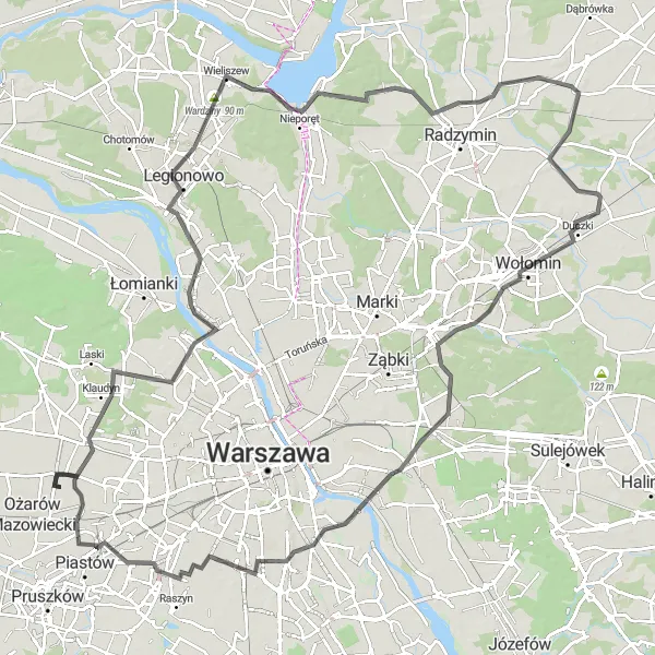 Map miniature of "Klaudyn to Jawczyce Expedition" cycling inspiration in Warszawski stołeczny, Poland. Generated by Tarmacs.app cycling route planner