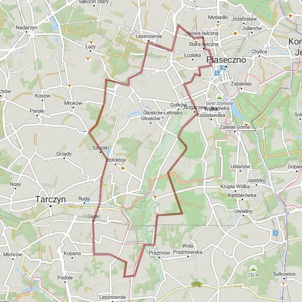 Map miniature of "Jazgarzew Loop" cycling inspiration in Warszawski stołeczny, Poland. Generated by Tarmacs.app cycling route planner