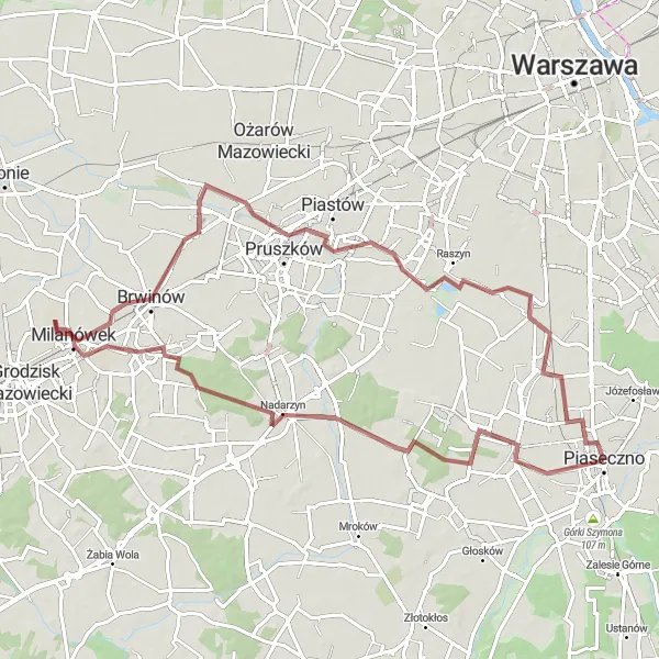 Map miniature of "Lesznowola-Milanówek Circuit" cycling inspiration in Warszawski stołeczny, Poland. Generated by Tarmacs.app cycling route planner