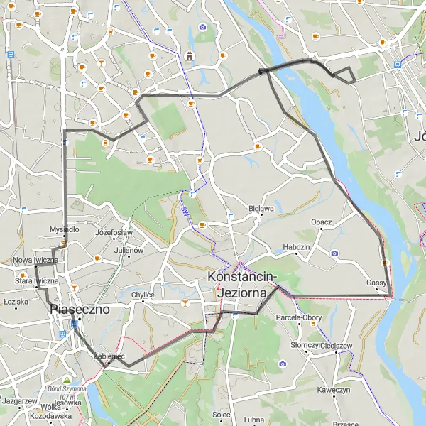 Map miniature of "Piaseczno-Obórki Circuit" cycling inspiration in Warszawski stołeczny, Poland. Generated by Tarmacs.app cycling route planner