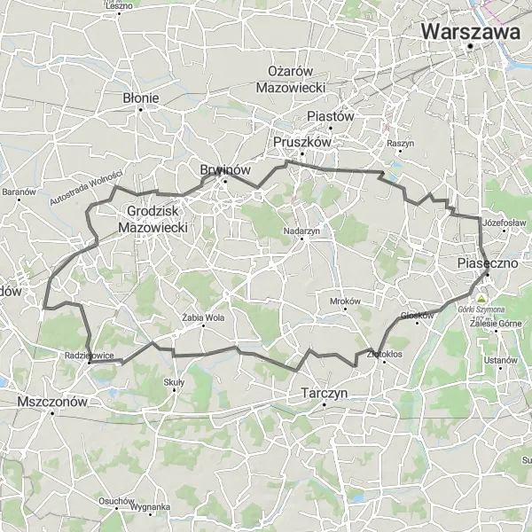 Map miniature of "Jazgarzew-Brwinów Circuit" cycling inspiration in Warszawski stołeczny, Poland. Generated by Tarmacs.app cycling route planner