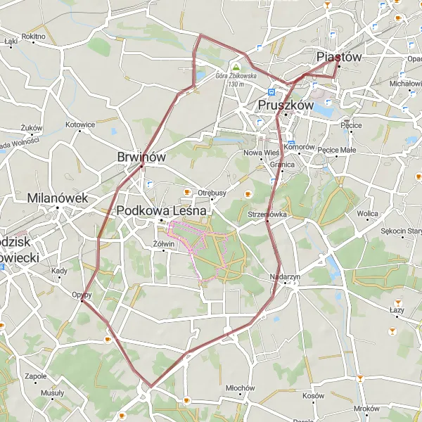 Map miniature of "Piastów and Beyond" cycling inspiration in Warszawski stołeczny, Poland. Generated by Tarmacs.app cycling route planner