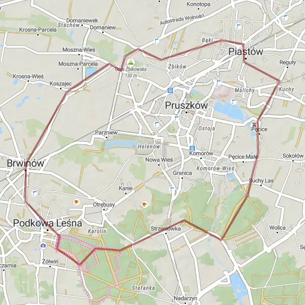 Map miniature of "Traverse the Gravel Route to Góra Żbikowska, Piastów, Suchy Las, Popówek, and Zabytkowa aleja lipowa" cycling inspiration in Warszawski stołeczny, Poland. Generated by Tarmacs.app cycling route planner