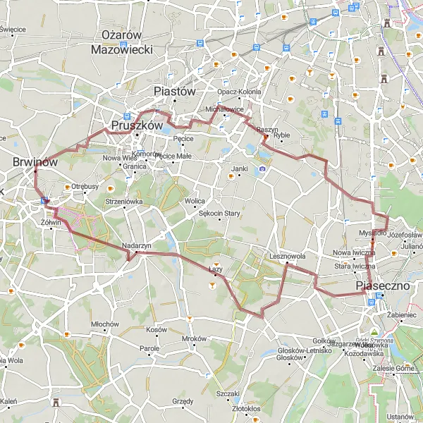Map miniature of "The Gravel Route through Pruszków, Jaworowa, Nadarzyn, and Dwór Zarybie" cycling inspiration in Warszawski stołeczny, Poland. Generated by Tarmacs.app cycling route planner