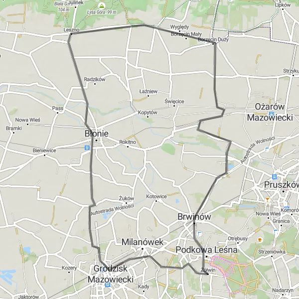Miniatura mapy "Trasa przez Milanówek i Borzęcin Duży" - trasy rowerowej w Warszawski stołeczny, Poland. Wygenerowane przez planer tras rowerowych Tarmacs.app