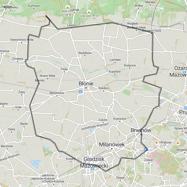 Miniatura mapy "Przejazd rowerowy przez Grodzisk Mazowiecki i Brwinów" - trasy rowerowej w Warszawski stołeczny, Poland. Wygenerowane przez planer tras rowerowych Tarmacs.app