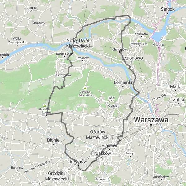 Map miniature of "Wild West of the Warsaw-Poland Cycling Arena" cycling inspiration in Warszawski stołeczny, Poland. Generated by Tarmacs.app cycling route planner