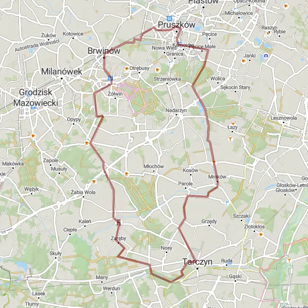 Map miniature of "Through the Green Villages" cycling inspiration in Warszawski stołeczny, Poland. Generated by Tarmacs.app cycling route planner