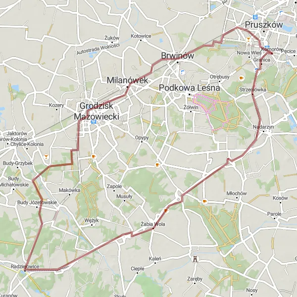 Map miniature of "Komorów - Grodzisk Mazowiecki Loop" cycling inspiration in Warszawski stołeczny, Poland. Generated by Tarmacs.app cycling route planner