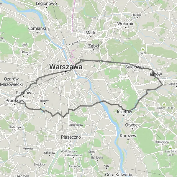 Map miniature of "Pruszków Round-Trip" cycling inspiration in Warszawski stołeczny, Poland. Generated by Tarmacs.app cycling route planner