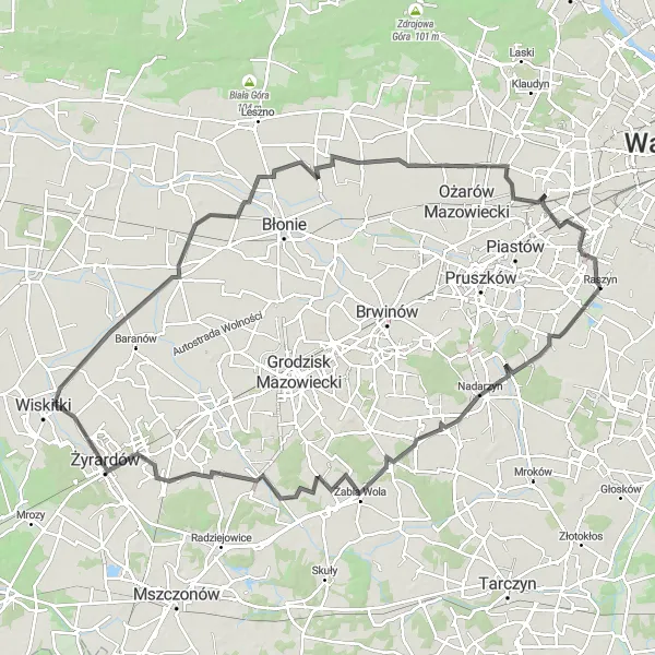 Miniatura mapy "Trasa Raszyn - Żyrardów" - trasy rowerowej w Warszawski stołeczny, Poland. Wygenerowane przez planer tras rowerowych Tarmacs.app